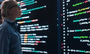 Donna con occhiali analizza codice su schermo luminoso, simbolo di un tim enterprise in evoluzione.