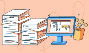 Pila di documenti cartacei accanto a un computer che mostra documenti digitali. La dematerializzazione significato è chiaro: meno carta, più efficienza.
