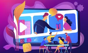 Un team collabora per creare un video di visual storytelling, con icone di shopping e feedback che indicano successo.