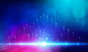 Un paesaggio digitale futuristico con circuiti luminosi e sfere luminose, che evoca il concetto di deep tech.