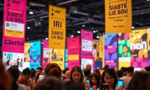 Un evento culturale esempio con persone che guardano i loro telefoni, circondati da striscioni colorati con testi in lingue diverse.
