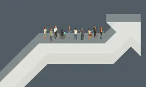 Persone su una freccia che sale, simbolo di nuovi business emergenti e crescita.