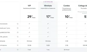 Confronto piani per creare un sito web gratis per sempre. Offerte Illimitato, VIP, Combo e Collega dominio con prezzi mensili e funzionalità.