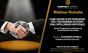 Un uomo stringe la mano a un robot. Un webinar gratuito su come creare slide persuasive con l'IA.