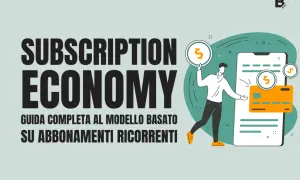 Guida completa alla subscription economy: un uomo con monete d'oro e una carta di credito vicino a uno smartphone.
