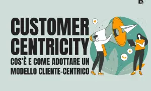 Illustrazione che spiega la customer centricity: un megafono e persone che interagiscono con icone di comunicazione.