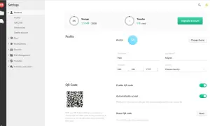 Impostazioni account: spazio di archiviazione, trasferimento file pesanti, profilo e QR code.