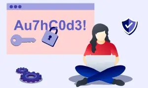 Una donna lavora al computer, mentre sullo schermo appare un codice di autenticazione "Au7hC0d3!". Simboli di sicurezza come chiave, lucchetto e scudo indicano la protezione del dominio.