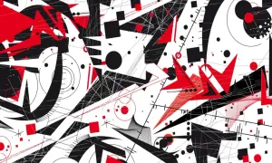 Un vortice di forme geometriche rosse e nere, un'esplosione visiva che evoca la sinestesia, significato di unione tra sensi.