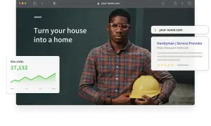 Un artigiano con un casco giallo, un sito web con un dominio gratis e statistiche di visite in crescita.