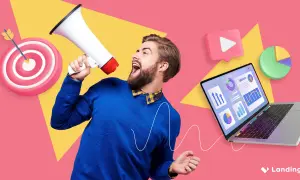 Uomo con megafono annuncia successo nel marketing operations, con bersaglio, grafici e laptop.