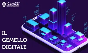 Il gemello digitale di un edificio, rappresentato da blocchi luminosi su uno smartphone, simboleggia la digitalizzazione e la modellazione 3D.