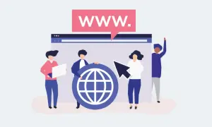 Persone collaborano per capire come vedere se un dominio è libero, con un globo e un cursore.