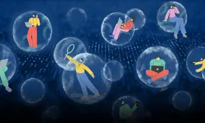 Persone isolate in bolle trasparenti, ognuna immersa nel proprio mondo digitale, simboleggiano le filter bubbles.