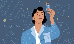 Una divulgatrice scientifica osserva un'immagine di sé stessa, circondata da formule e DNA.