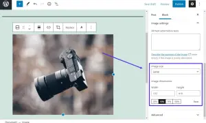 Impostazione delle dimensioni immagini WordPress per una fotocamera.