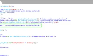 Codice PHP per un template HTML responsive, con meta tag viewport e inclusione di script per Owl Carousel.