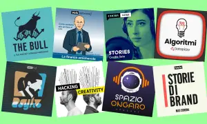 Copertine di podcast italiani: "The Bull", "La finanza amichevole", "Stories", "Algoritmi", "Hacking Creativity", "Spazio Ongaro", "Storie di Brand".