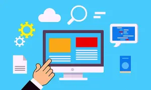 Schermata di un computer con elementi grafici che rappresentano la creazione di un sito web, la ricerca e il prezzo dominio.