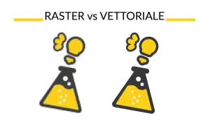 Illustrazione che mostra la differenza tra raster e vettoriale: un'immagine pixelata a sinistra e una nitida a destra, entrambe con una fiaschetta da laboratorio e bollicine.