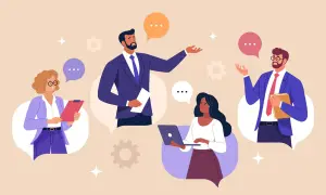 Persone in abiti eleganti che comunicano in modo efficace, con fumetti che simboleggiano la comunicazione corporate.