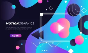 Grafica astratta con forme geometriche e sfumature vivaci, che evoca il dinamismo del motion design. Pulsante "GO IN" in evidenza.