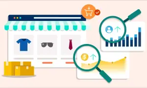 Un negozio online con prodotti, scatole, grafici e lenti d'ingrandimento che analizzano dati. Strumenti per il web per monitorare vendite e utenti.