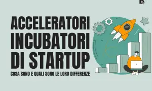 Un uomo con laptop, razzo arancione e grafici: un'illustrazione che simboleggia gli acceleratori di startup e il loro ruolo nel far decollare le aziende.
