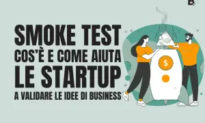 Startup validano idee con concept testing. Due persone inseriscono un puzzle fumante in un razzo con simbolo del dollaro.
