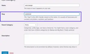 Modifica categoria: "web design" con slug "websites". L'acronimo URL è "websites".