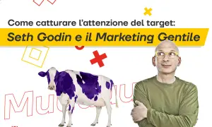 Seth Godin e il Marketing Gentile: una mucca viola e un uomo con occhiali gialli pensano a come catturare l'attenzione del target con il permission marketing.