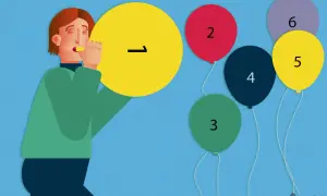 Persona che soffia in un megafono giallo con il numero 1, mentre palloncini numerati da 2 a 6 fluttuano. Un modo visivo per capire come presentare un progetto.