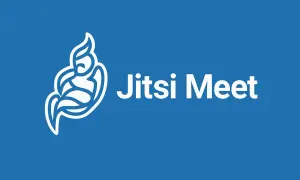 Logo bianco su sfondo blu con testo "Jitsi Meet".