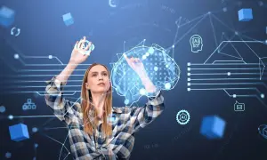 Donna interagisce con un cervello digitale, un esempio di metaverso con icone AI e dati binari.