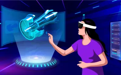Donna con visore interagisce con un motore a reazione olografico in un ambiente di realtà mista, con server sullo sfondo.