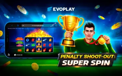 Estrategia y azar en Penalty Shoot Out di Evoplay: un portiere festeggia con trofeo e medaglia, mentre sullo smartphone si vede la slot machine.