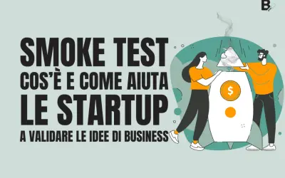 Startup validano idee con concept testing. Due persone inseriscono un puzzle fumante in un razzo con simbolo del dollaro.