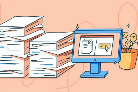 Pila di documenti cartacei accanto a un computer che mostra documenti digitali. La dematerializzazione significato è chiaro: meno carta, più efficienza.