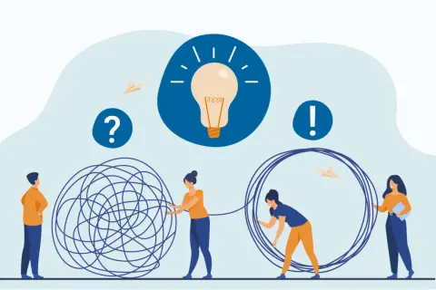 Persone lavorano insieme per districare un groviglio, simboleggiando il tim building e la risoluzione di problemi per raggiungere un'idea brillante.