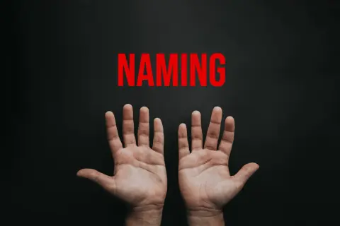 Le mani aperte sotto la parola "NAMING" in rosso. Un'immagine che evoca la ricerca del naming aziendale perfetto.