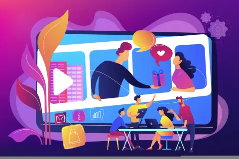 Un team collabora per creare un video di visual storytelling, con icone di shopping e feedback che indicano successo.