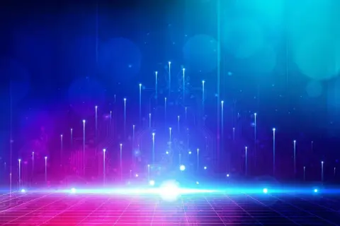 Un paesaggio digitale futuristico con circuiti luminosi e sfere luminose, che evoca il concetto di deep tech.