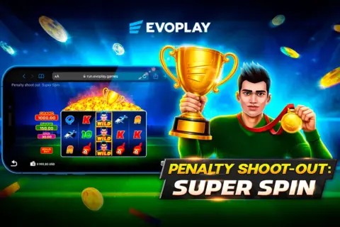 Estrategia y azar en Penalty Shoot Out di Evoplay: un portiere festeggia con trofeo e medaglia, mentre sullo smartphone si vede la slot machine.