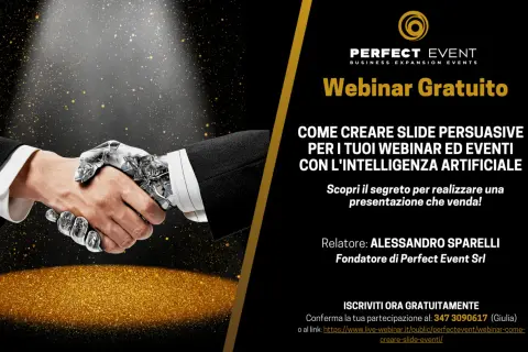 Un uomo stringe la mano a un robot. Un webinar gratuito su come creare slide persuasive con l'IA.