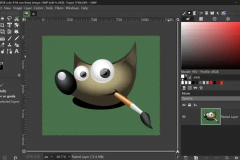 Il programma grafica gratuito GIMP mostra il suo logo, un simpatico personaggio con un pennello, pronto per essere modificato.