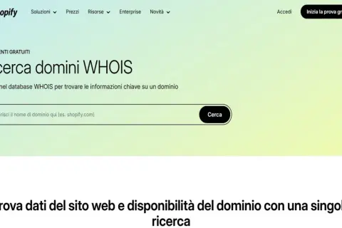 Strumento Shopify per scoprire a chi appartiene un dominio tramite ricerca WHOIS.