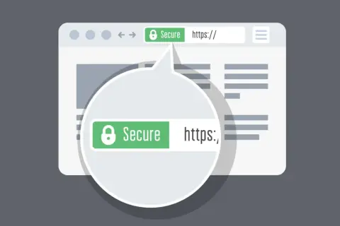 Barra degli indirizzi di un browser con lucchetto verde e testo "Secure https://", indicando la sicurezza garantita dall'acronimo SSL.