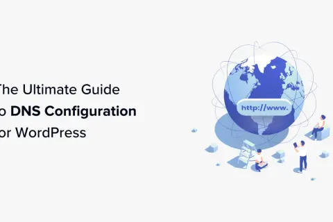Guida definitiva alla configurazione DNS per WordPress. Immagine con un globo stilizzato e persone che interagiscono con elementi digitali, suggerendo come record a DNS.