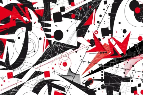 Un vortice di forme geometriche rosse e nere, un'esplosione visiva che evoca la sinestesia, significato di unione tra sensi.