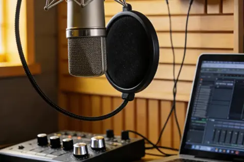 Microfono, mixer e laptop con software di editing audio: tutto l'occorrente per capire come fare un podcast di successo.